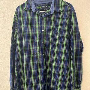 Chaps Blue & Green Plaid Print Long Sleeve Button Down Shirt - L